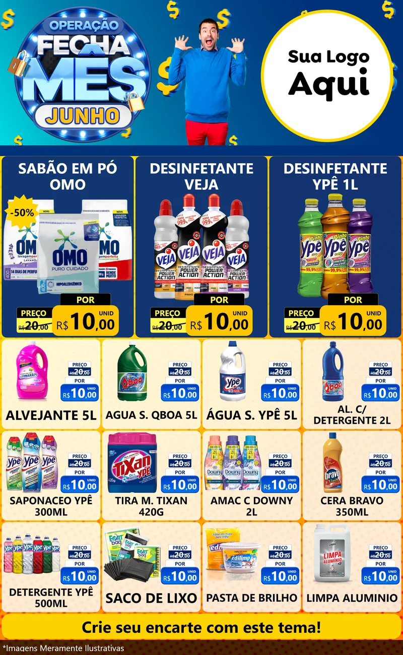 Modelo de Encarte para Encarte Grande com o tema Operação Fecha Mês, Junho para Produtos de Limpeza