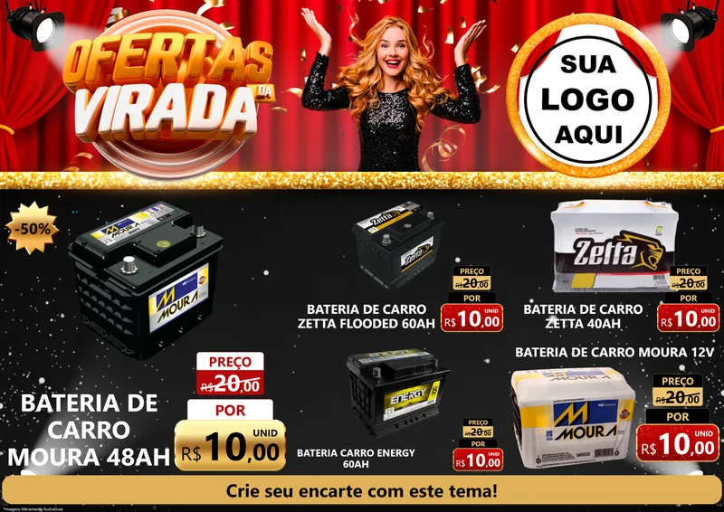 Modelo de Encarte para Encarte A4 Horizontal com o tema Ofertas da Virada para Baterias Elétricas
