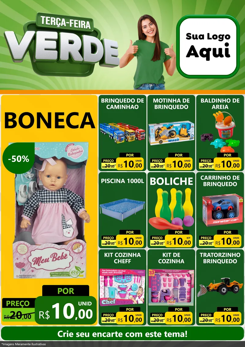 Modelo de Encarte para Encarte A4 Vertical com o tema Terça - Feira Verde para Brinquedos