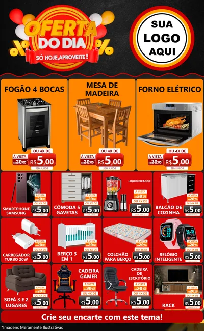 Modelo de Encarte para Encarte Grande com o tema Oferta do Dia - Só hoje, Aproveite! para Móveis e Eletro