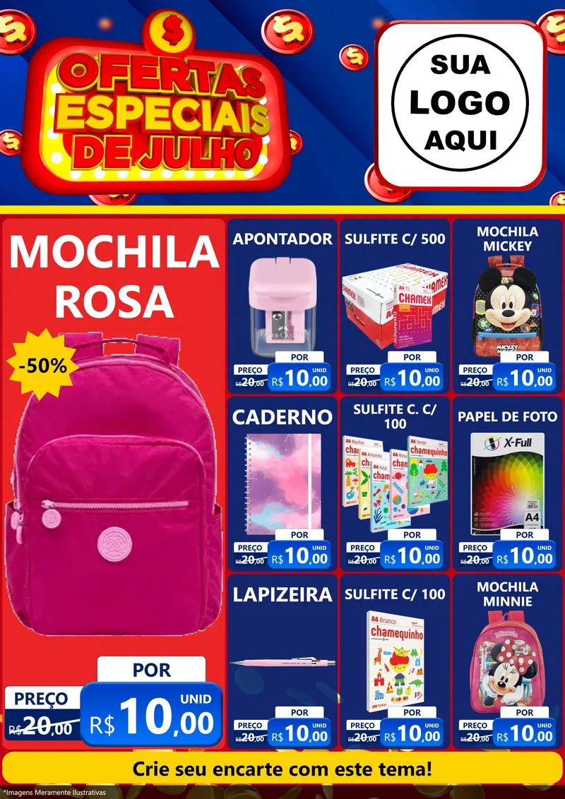 Modelo de Encarte para Encarte A4 Vertical com o tema Ofertas Especiais de Julho para Papelaria