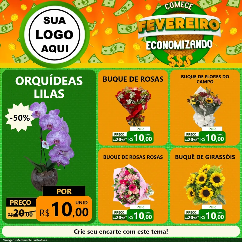 Modelo de Rede Social para Feed Facebook com o tema Comece Fevereiro Economizando para Floricultura e jardim