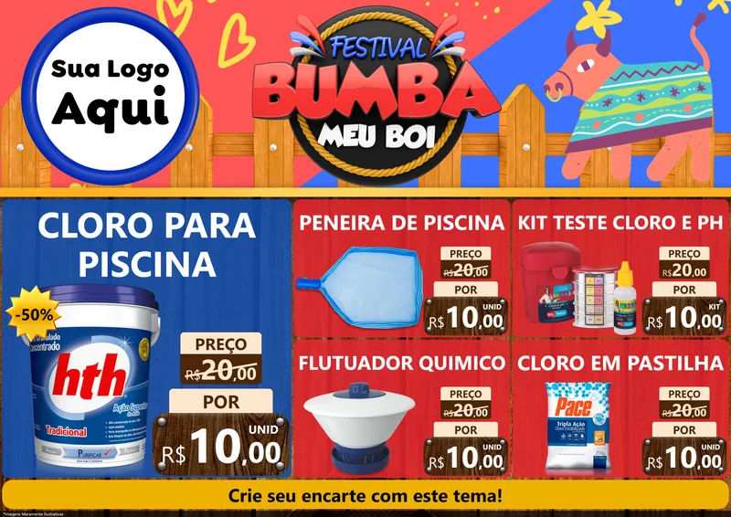 Modelo de Encarte para Encarte A4 Horizontal com o tema Festival Bumba Meu Boi para Produtos para Piscina