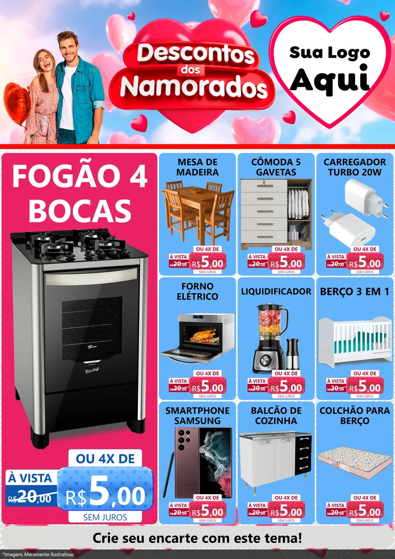 Modelo de Encarte para Encarte A4 Vertical com o tema Descontos dos Namorados para Móveis e Eletro