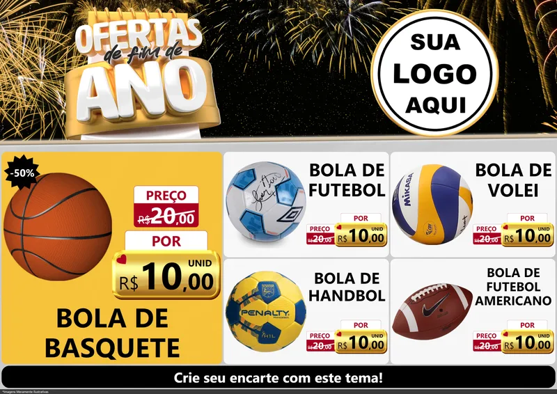 Modelo de Encarte para Encarte A4 Horizontal com o tema Ofertas de Fim de Ano para Artigos Esportivos