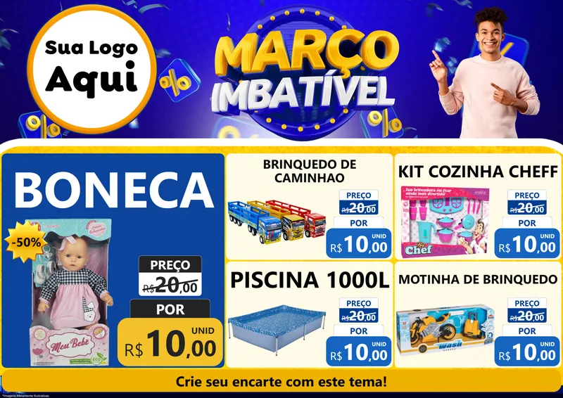 Modelo de Encarte para Encarte A4 Horizontal com o tema Março Imbatível para Brinquedos