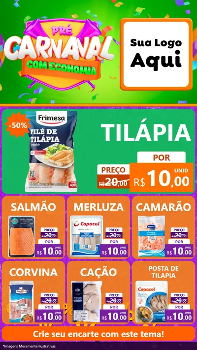 Modelo de Rede Social para Stories com o tema Pré-Carnaval Com Economia para Peixaria