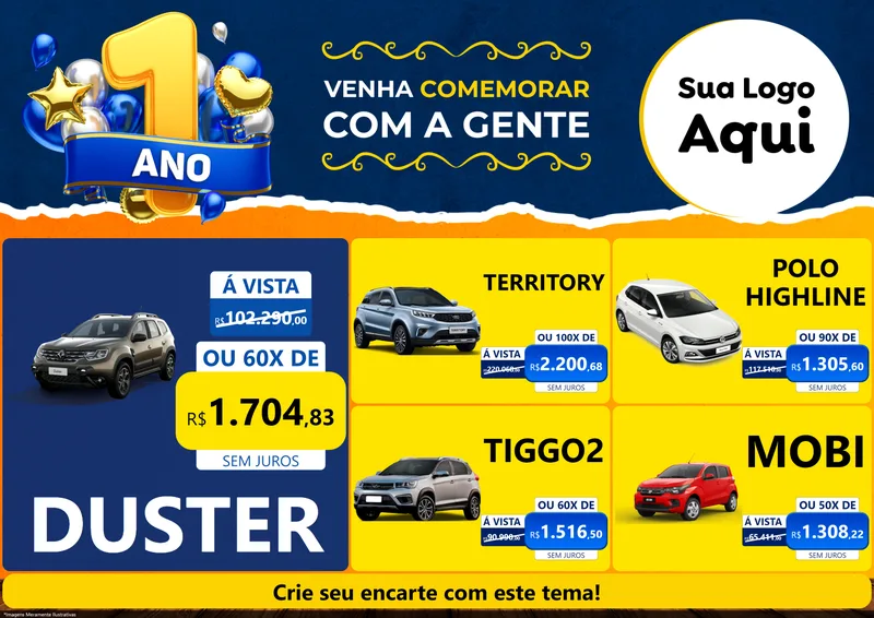 Modelo de Encarte para Encarte A4 Horizontal com o tema Um Ano de Aniversário para Concessionaria de Carros