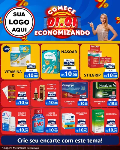 Modelo de Rede Social para Feed Instagram com o tema Comece 1º de Janeiro Economizando para Farmácia