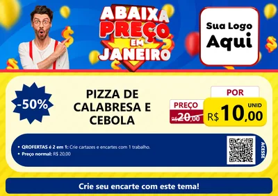 Modelo de Cartaz para Cartaz A4 Horizontal com o tema Abaixa Preço em Janeiro para Pizzaria