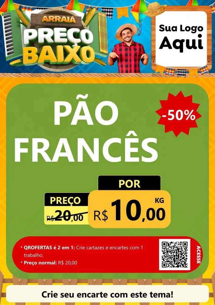 Modelo de Cartaz para Cartaz A4 Vertical com o tema Arraiá de Preço Baixo - Junina para Padaria