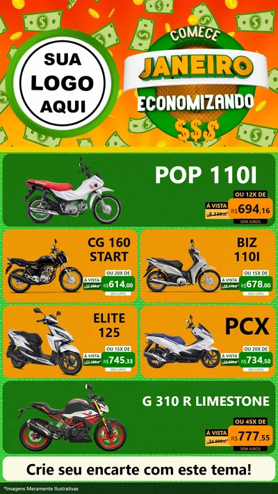 Modelo de TV para TV Vertical com o tema Comece Janeiro Economizando para Concessionaria de Motos