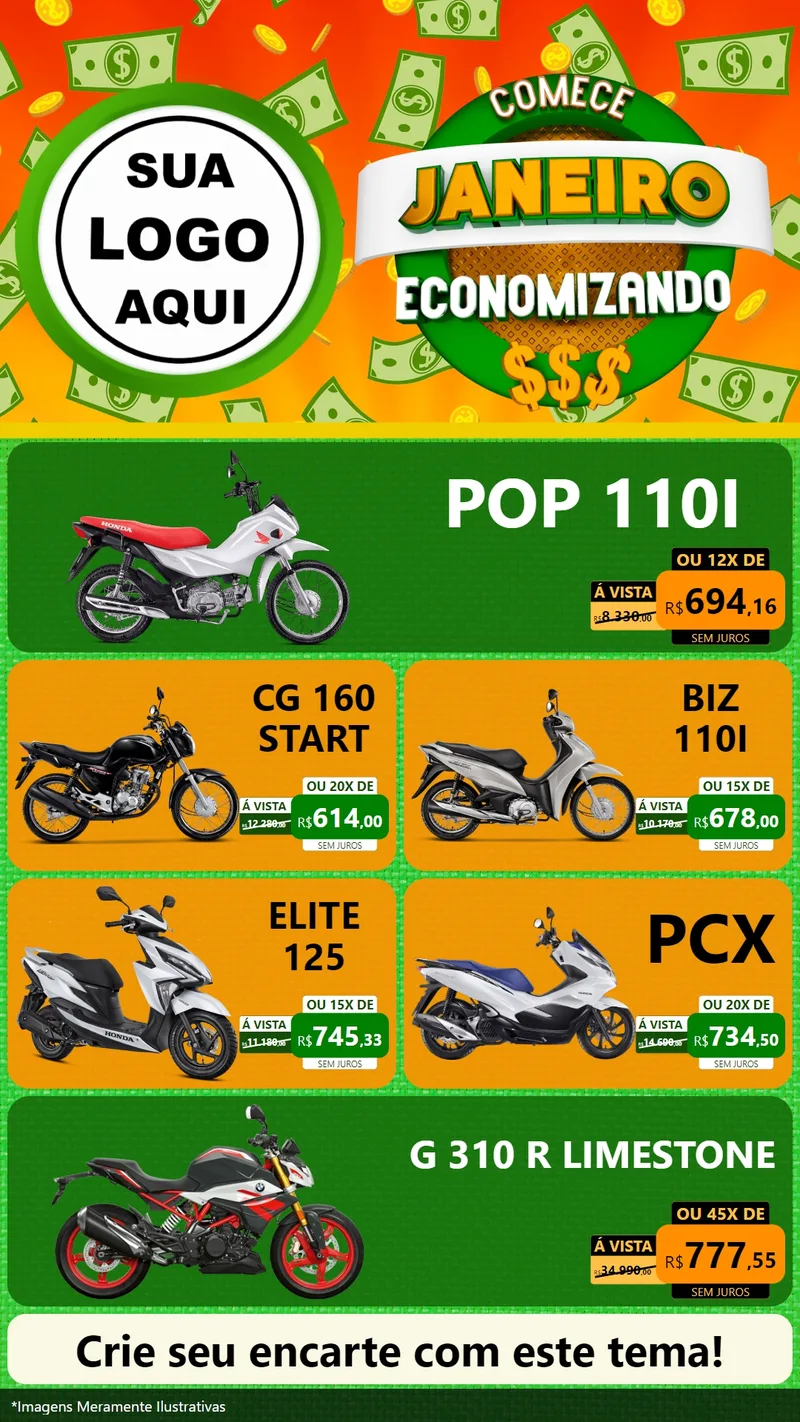 Modelo de TV para TV Vertical com o tema Comece Janeiro Economizando para Concessionaria de Motos