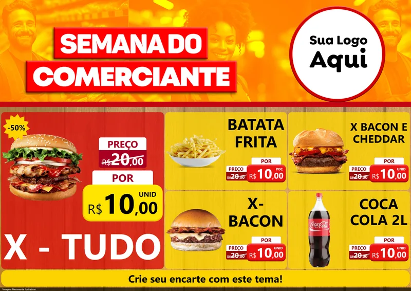 Modelo de Encarte para Encarte A4 Horizontal com o tema Semana do Comerciante para Hamburgueria