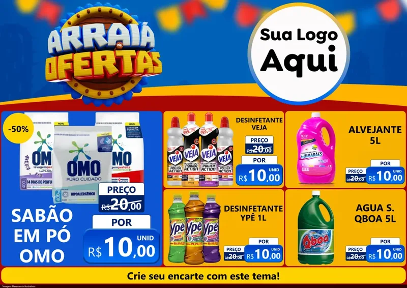 Modelo de Encarte para Encarte A4 Horizontal com o tema Arraiá de Ofertas - Junina para Produtos de Limpeza