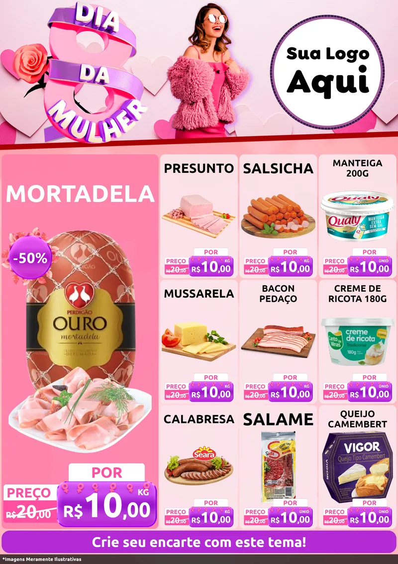 Modelo de Encarte para Encarte A4 Vertical com o tema Dia da Mulher para Frios e Laticínios
