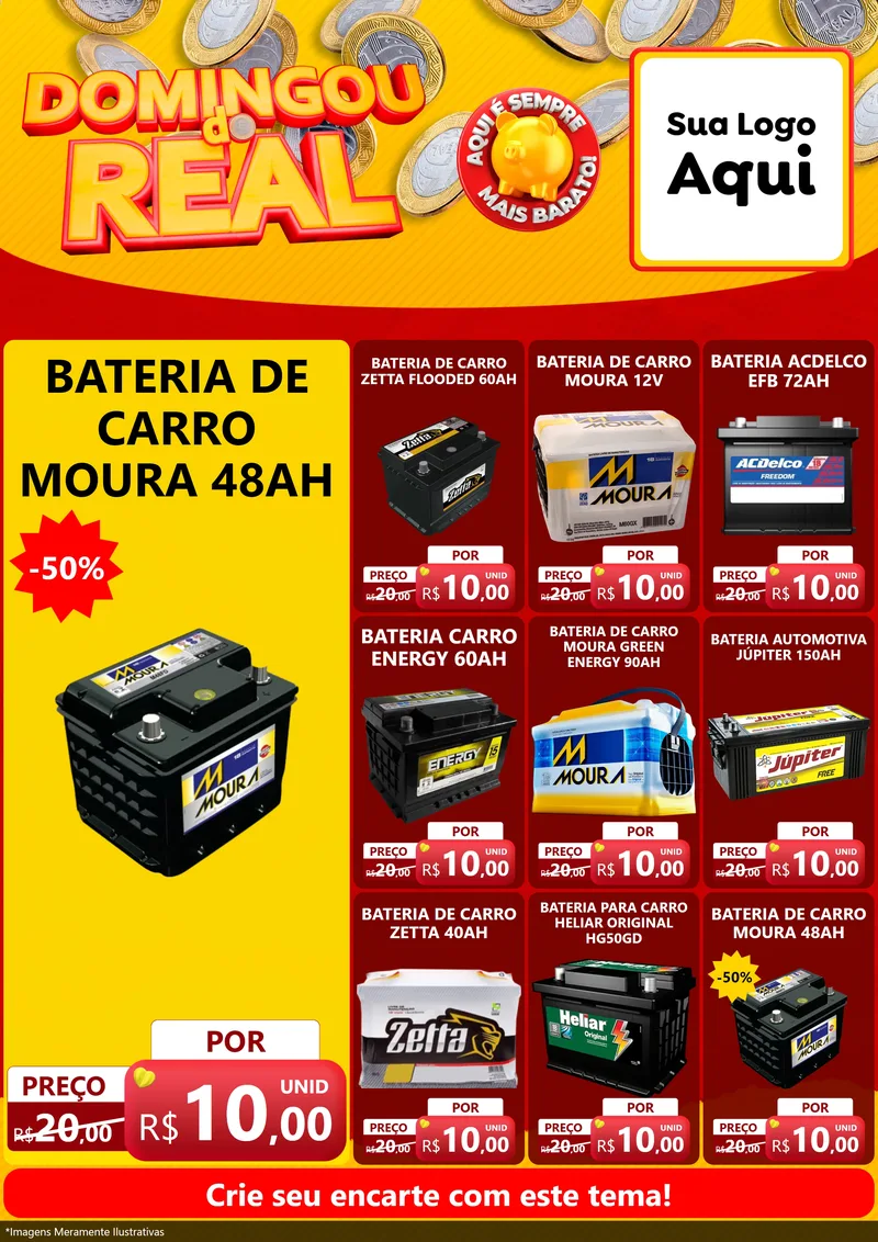 Modelo de Encarte para Encarte A4 Vertical com o tema Domingou do Real para Baterias Elétricas