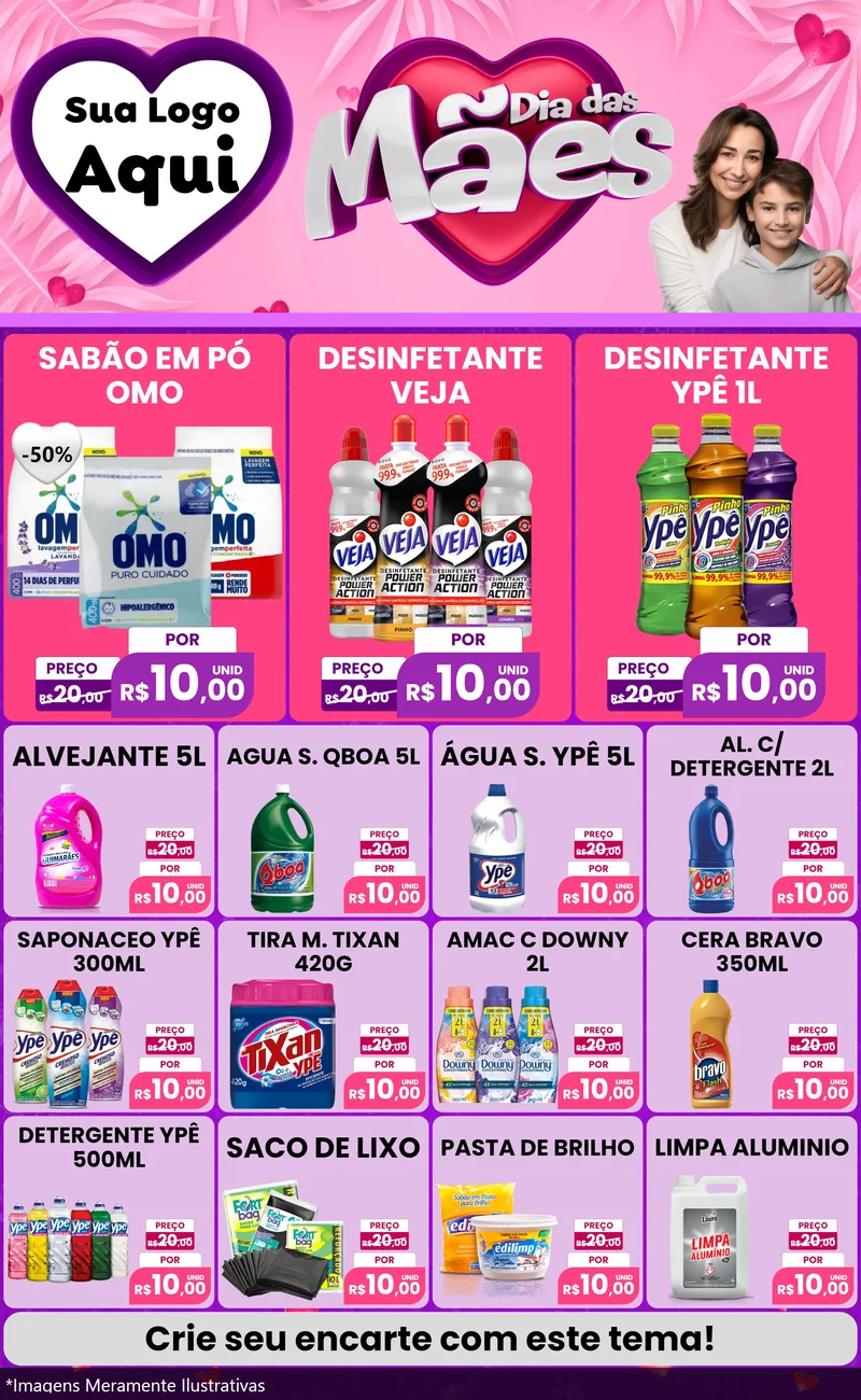 Modelo de Encarte para Encarte Grande com o tema Dia das Mães para Produtos de Limpeza