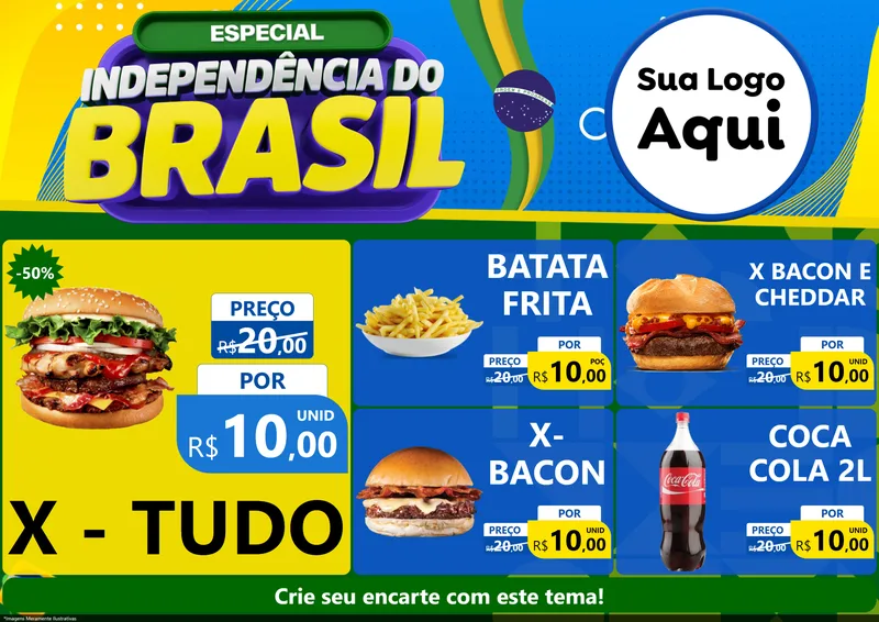 Modelo de Encarte para Encarte A4 Horizontal com o tema Especial Independência do Brasil para Hamburgueria