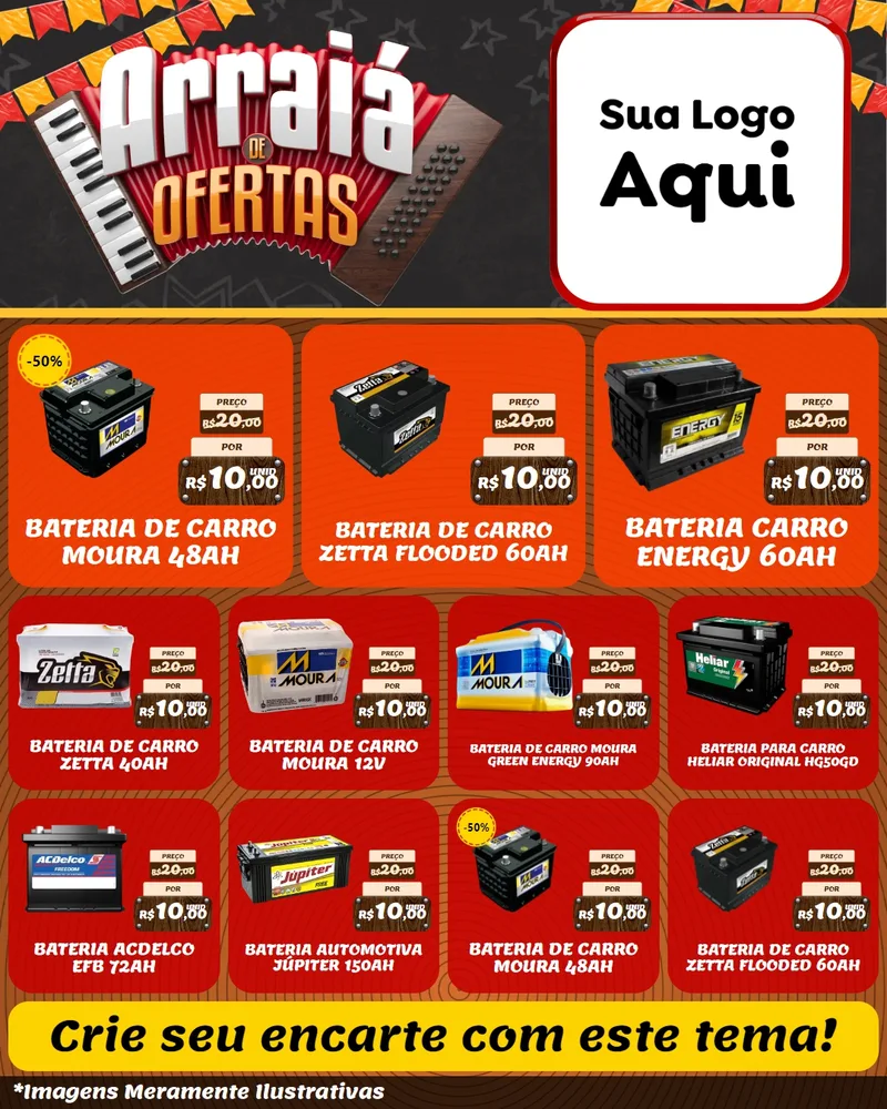 Modelo de Rede Social para Feed Instagram com o tema Arraiá de Ofertas - Junina para Baterias Elétricas