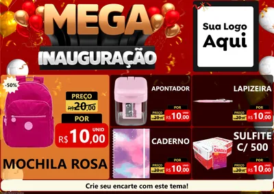Modelo de Encarte para Encarte A4 Horizontal com o tema Mega Inauguração para Papelaria