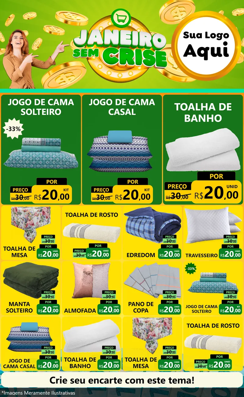 Modelo de Encarte para Encarte Grande com o tema Janeiro Sem Crise para Cama, Mesa e Banho