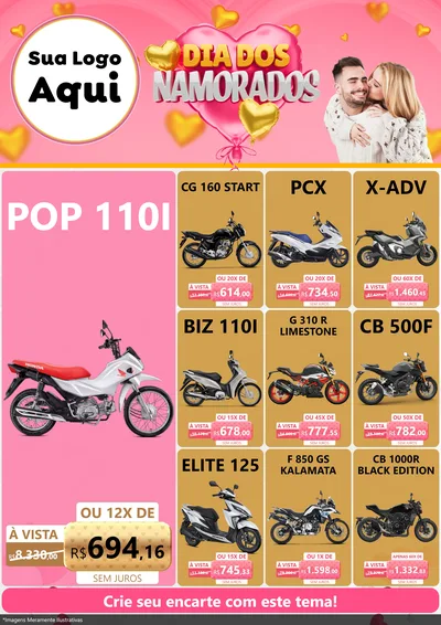 Modelo de Encarte para Encarte A4 Vertical com o tema Dia dos Namorados para Concessionaria de Motos