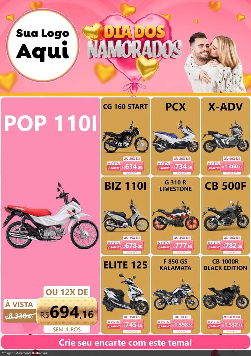 Modelo de Encarte para Encarte A4 Vertical com o tema Dia dos Namorados para Concessionaria de Motos
