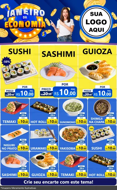 Modelo de Encarte para Encarte Grande com o tema Janeiro da Economia para Comida japonesa