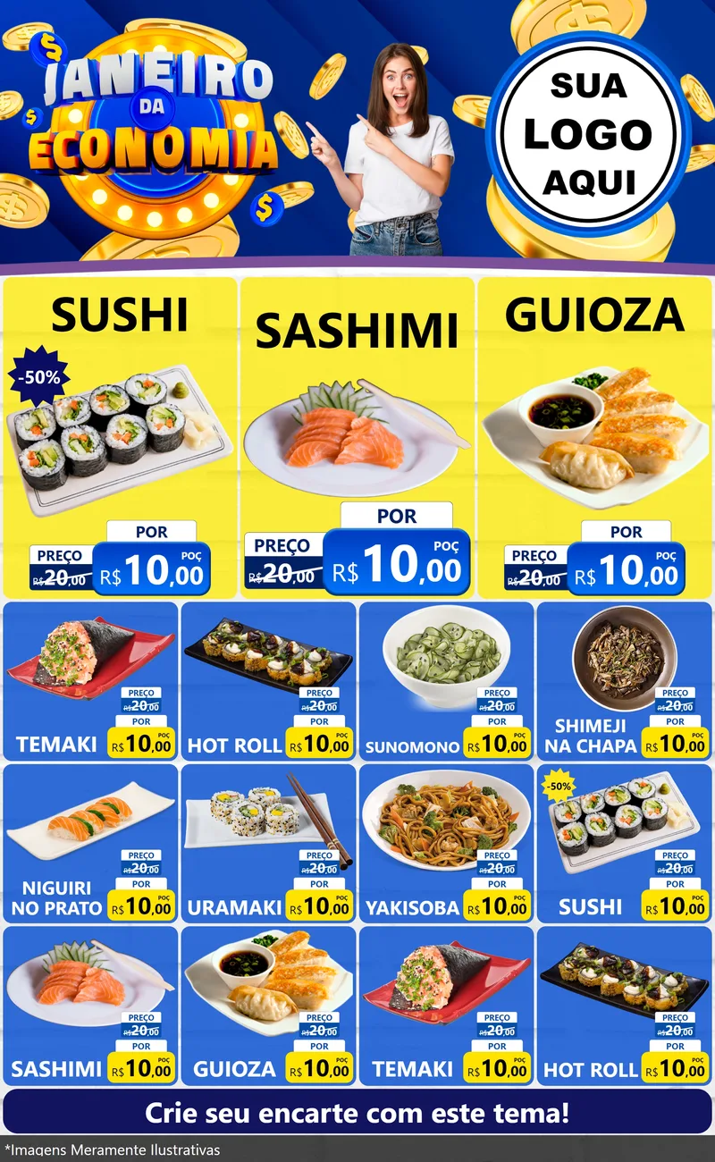 Modelo de Encarte para Encarte Grande com o tema Janeiro da Economia para Comida japonesa