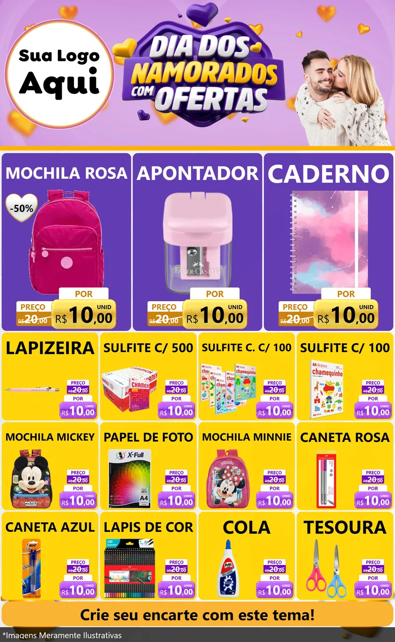 Modelo de Encarte para Encarte Grande com o tema Dia Dos Namorados Com Ofertas para Papelaria