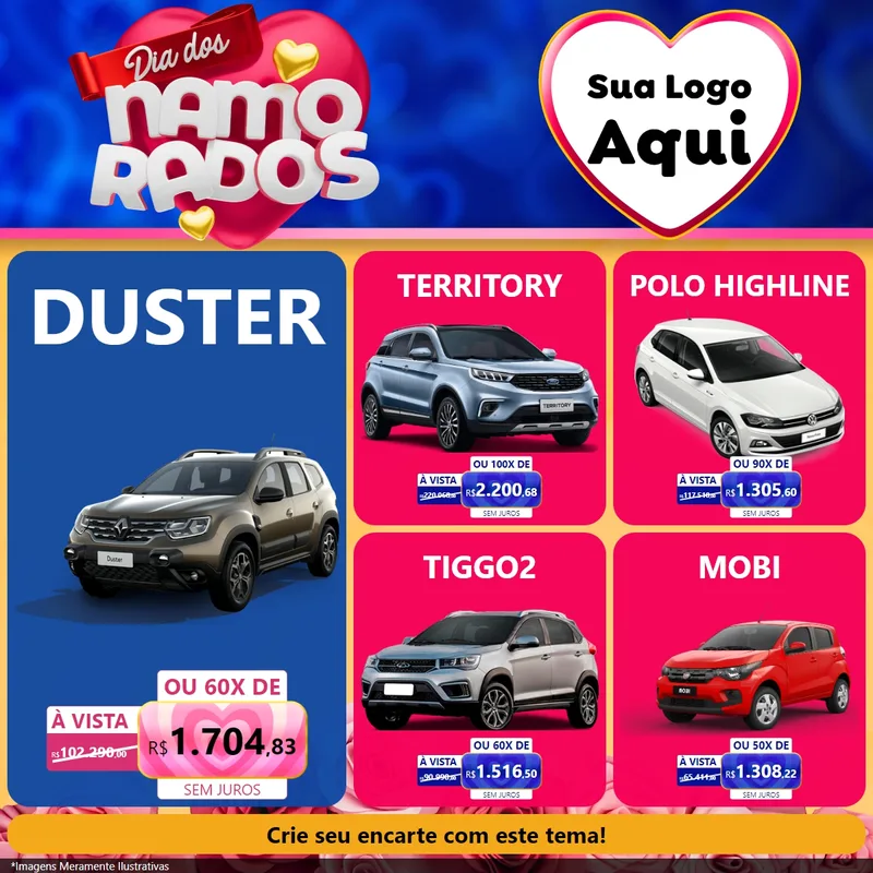 Modelo de Rede Social para Feed Facebook com o tema Dia dos namorados para Concessionaria de Carros