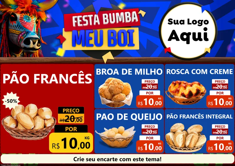 Modelo de Encarte para Encarte A4 Horizontal com o tema Festa Bumba meu Boi para Padaria