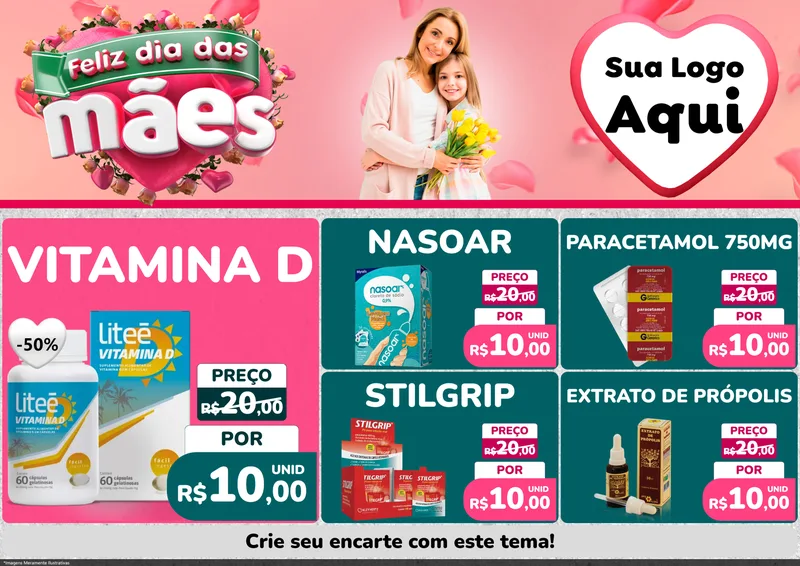Modelo de Encarte para Encarte A4 Horizontal com o tema Feliz Dia das Mães para Farmácia
