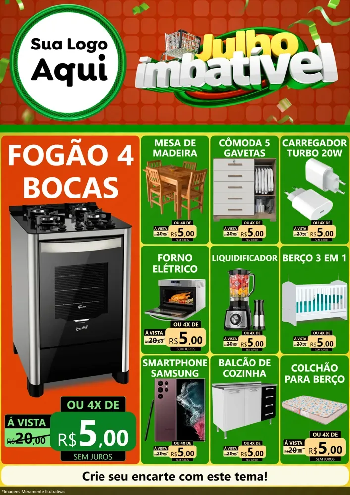 Modelo de Encarte para Encarte A4 Vertical com o tema Julho Imbatível para Móveis e Eletro