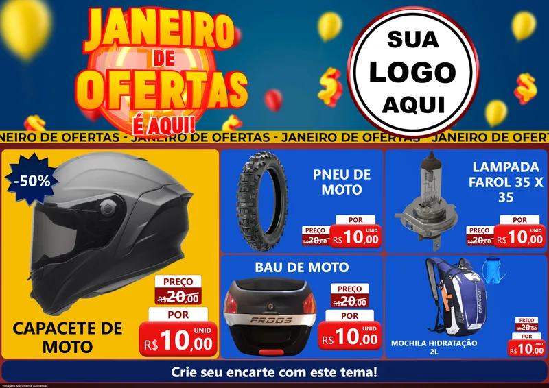 Modelo de Encarte para Encarte A4 Horizontal com o tema Janeiro de Ofertas É Aqui! para Moto peças