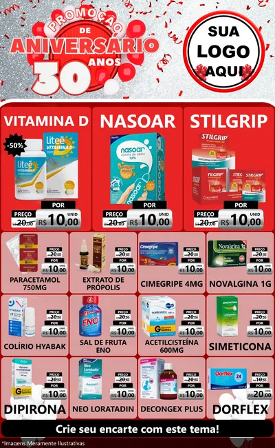 Modelo de Encarte para Encarte Grande com o tema Promoção de Aniversário - 30 Anos para Farmácia