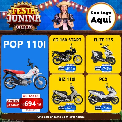 Modelo de Rede Social para Feed Facebook com o tema Festa Junina Ofertas para Concessionaria de Motos