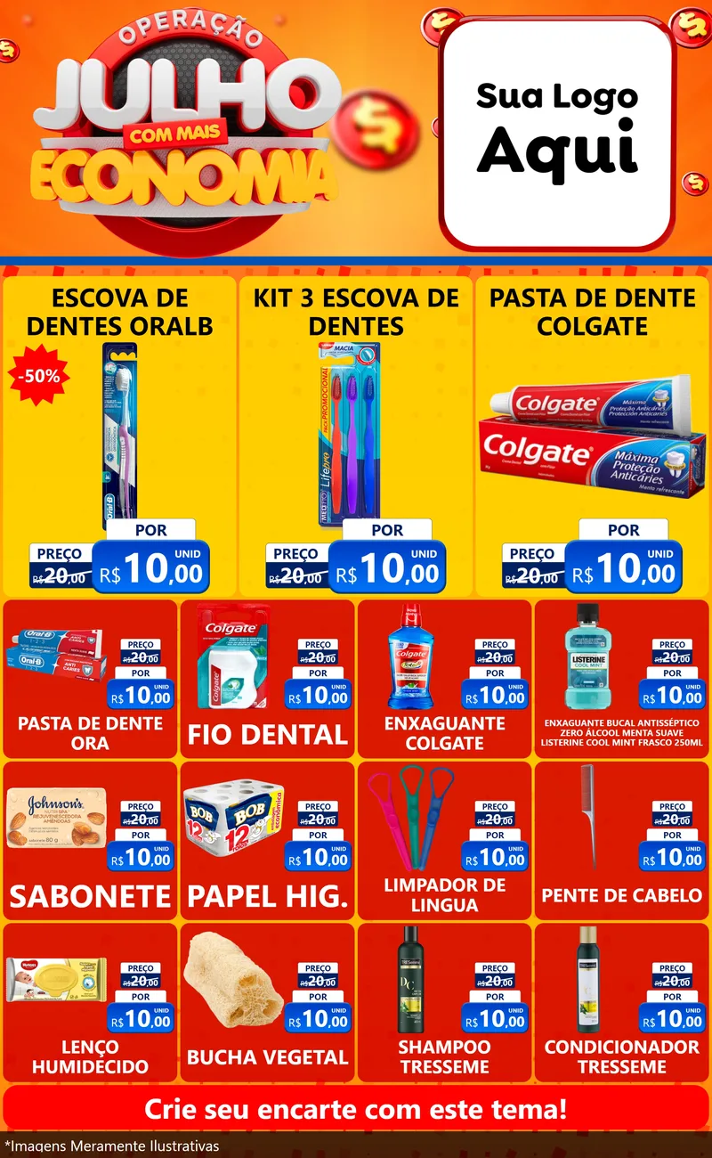 Modelo de Encarte para Encarte Grande com o tema Operação Julho Com Mais Economia para Higiene Pessoal