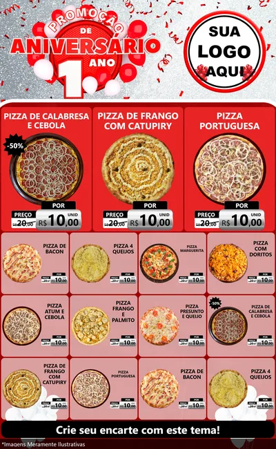 Modelo de Encarte para Encarte Grande com o tema Promoção de Aniversário - 1 Ano para Pizzaria