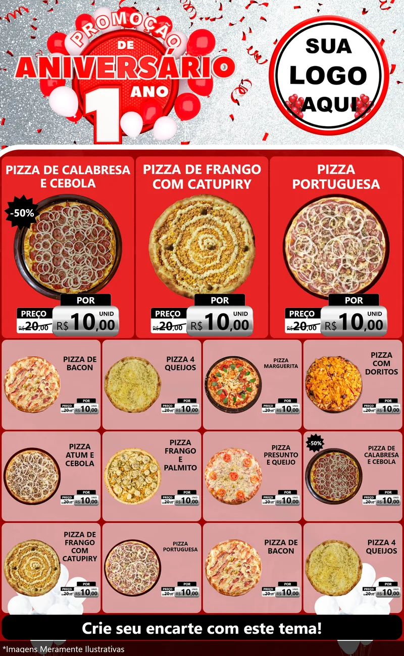 Modelo de Encarte para Encarte Grande com o tema Promoção de Aniversário - 1 Ano para Pizzaria