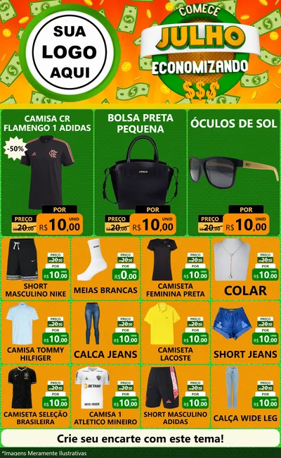Modelo de Encarte para Encarte Grande com o tema Comece Julho Economizando para Roupas e acessórios