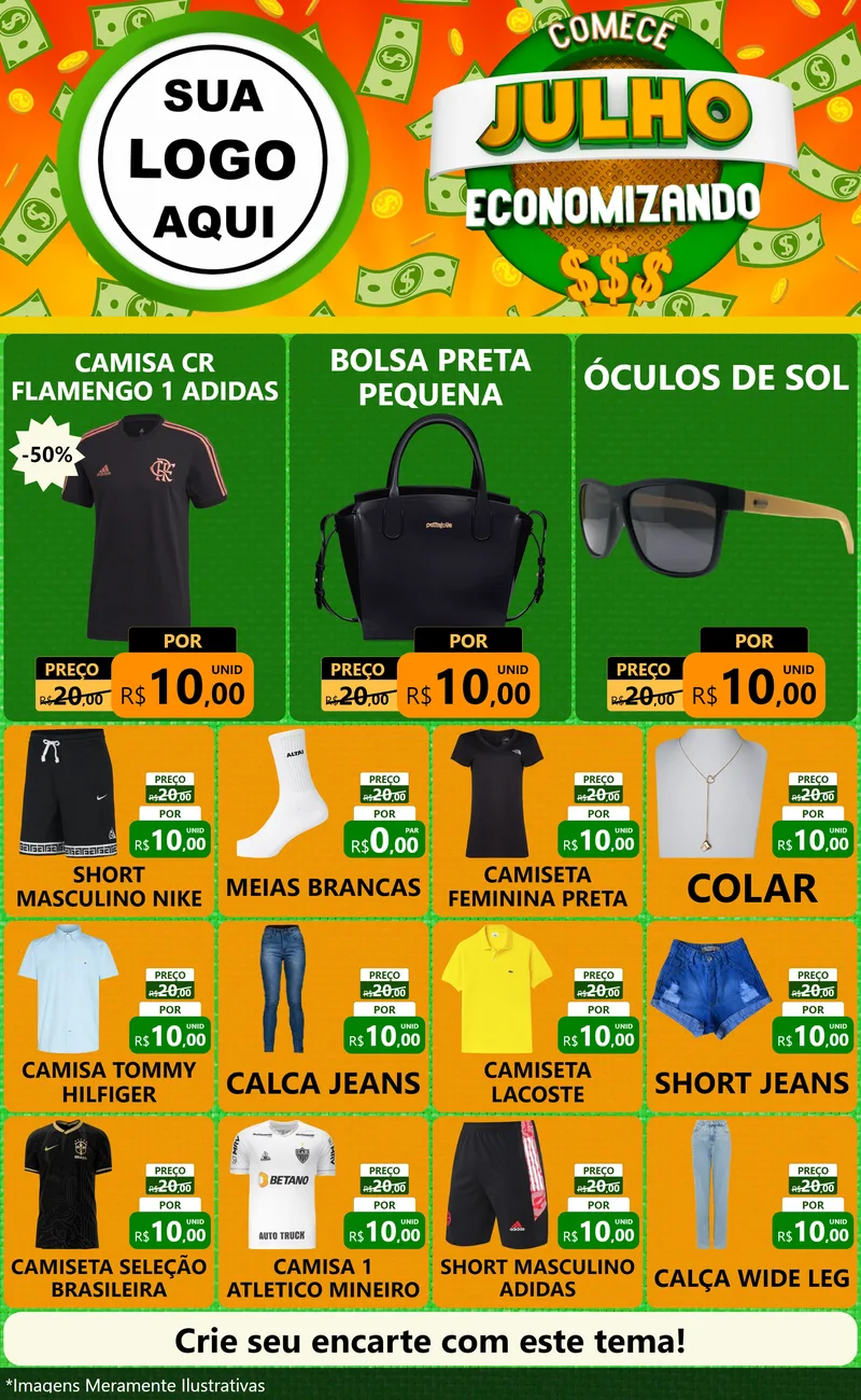 Modelo de Encarte para Encarte Grande com o tema Comece Julho Economizando para Roupas e acessórios