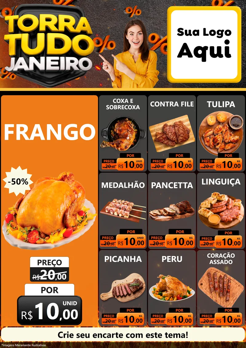 Modelo de Encarte para Encarte A4 Vertical com o tema Torra Tudo Janeiro para Assados