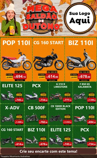Modelo de Encarte para Encarte Grande com o tema Mega Saldão de Outono para Concessionaria de Motos