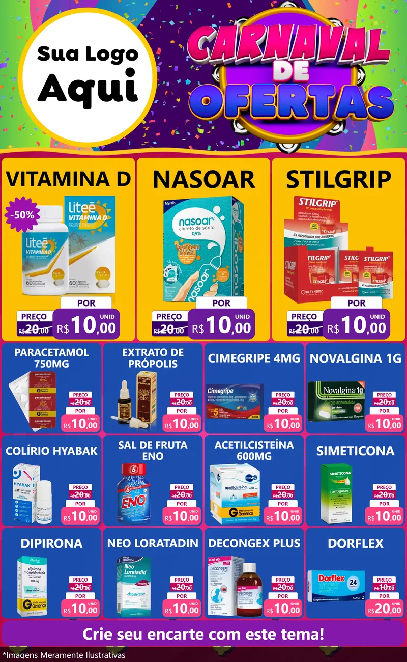 Modelo de Encarte para Encarte Grande com o tema Carnaval de Ofertas para Farmácia