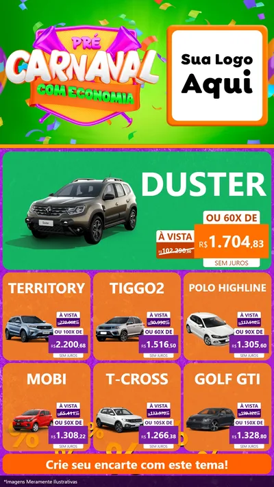 Modelo de Rede Social para Stories com o tema Pré-Carnaval Com Economia para Concessionaria de Carros