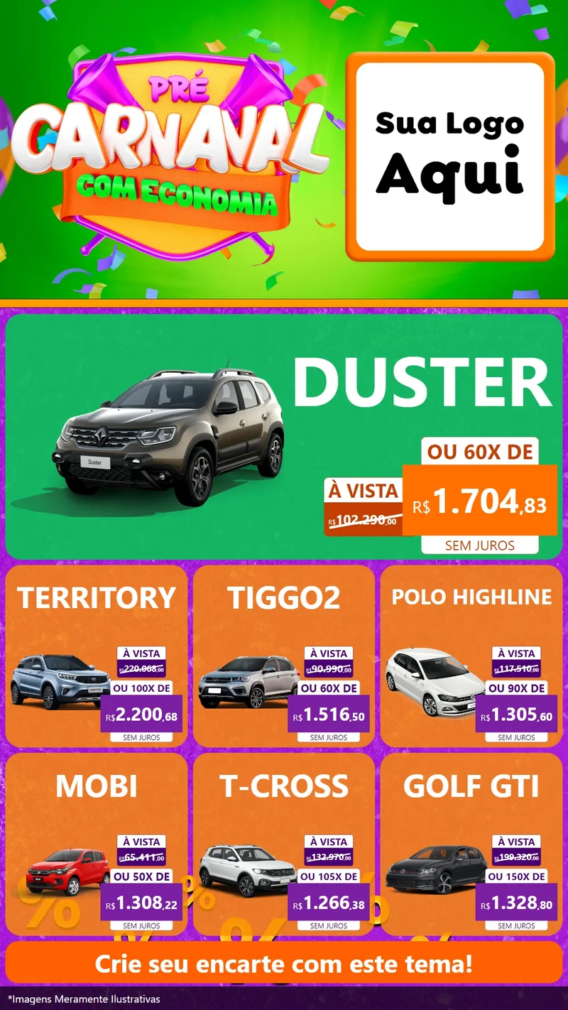 Modelo de Rede Social para Stories com o tema Pré-Carnaval Com Economia para Concessionaria de Carros