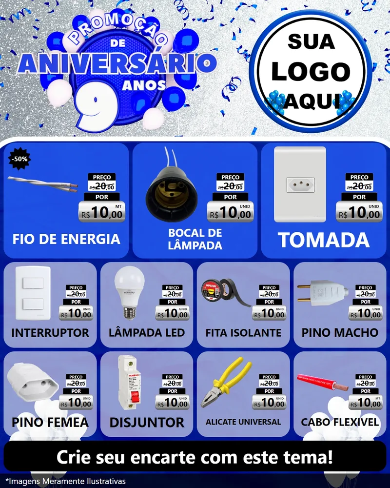 Modelo de Rede Social para Feed Instagram com o tema Promoção de Aniversário - 9 Anos para Materiais Elétricos