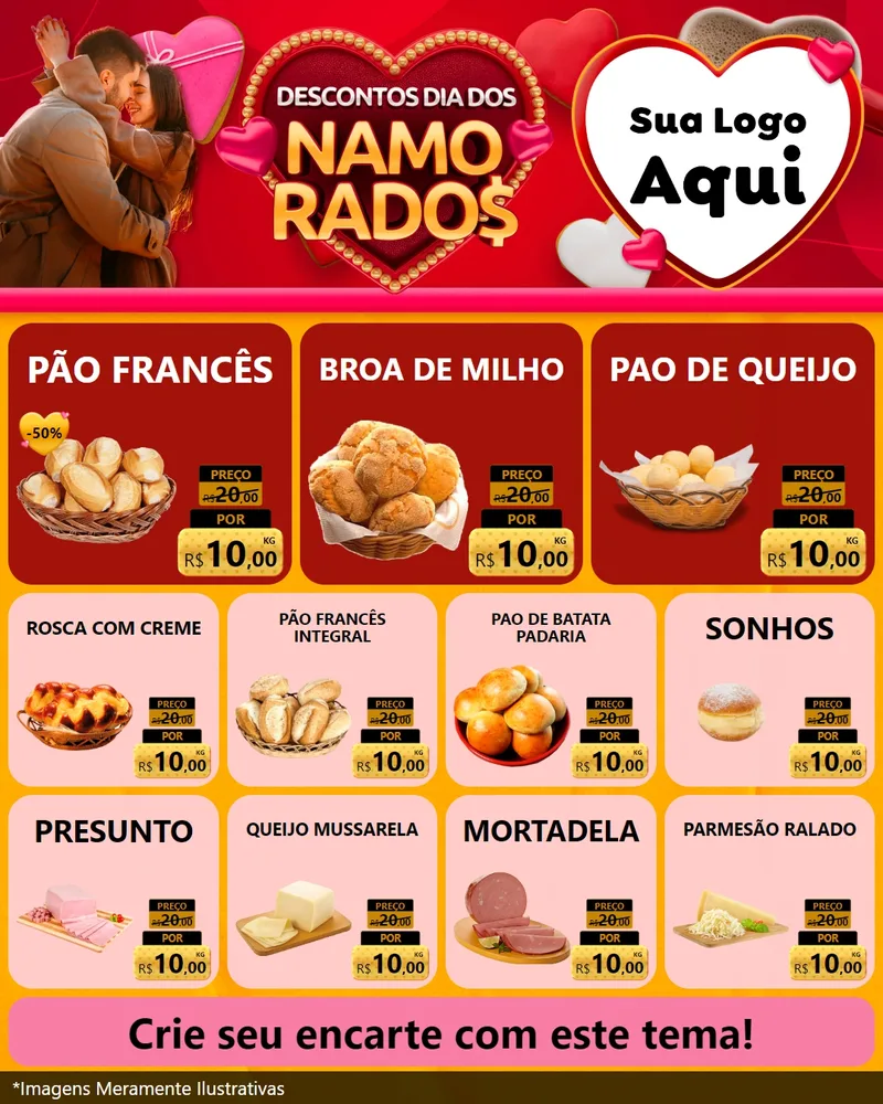 Modelo de Rede Social para Feed Instagram com o tema Descontos Dia dos Namorados para Padaria